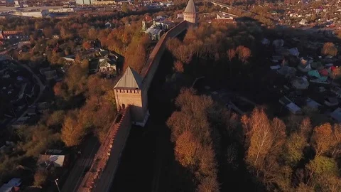 Protective old Brick Wall at Sunset  Copter Shooting Stock Footage 69859368