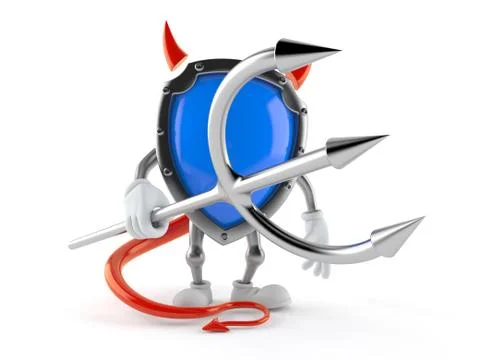 Protective shield character with devil horns and pitchfork Stock Illustration