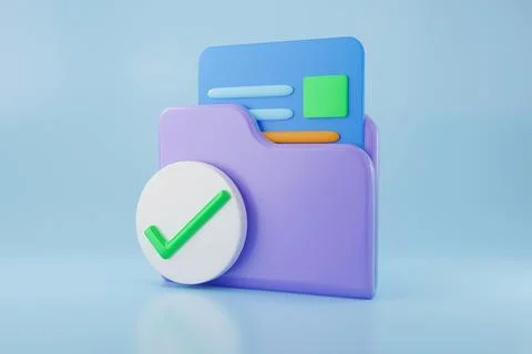 Protective shield. Check mark with document folder. 3d illustration. Data sto Stock Illustration