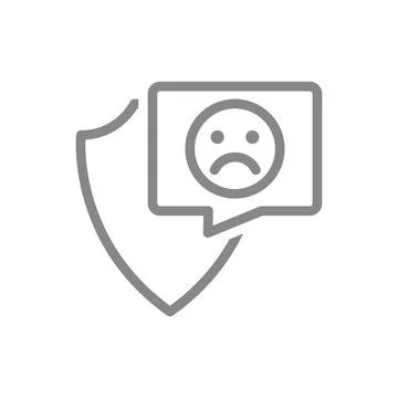 Protective shield with sad face in buble speech line icon. Protection, emoji Stock Illustration
