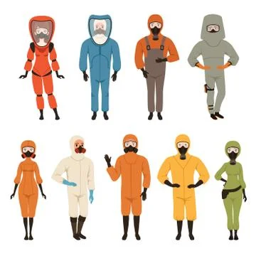 Protective suits set, different protective uniform equipment vector Stock Illustration