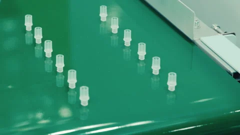 Protective Syringe Caps Rolling onto Conveyor. Technology, Medical Equipment Stock Footage 247711158