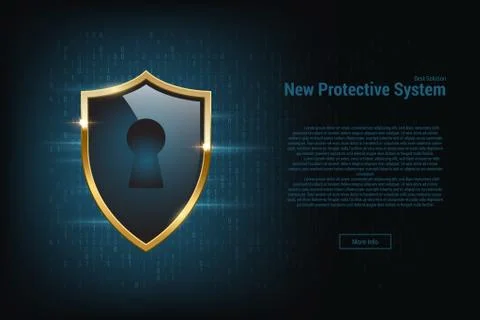 Protective system banner template. Vector glass shield with golden border and Stock Illustration