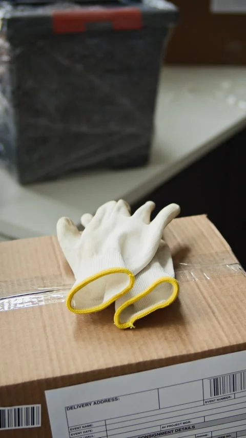 Protective Work Gloves Resting on Cardboard Box in Logistics Warehouse Stock Footage 337306252