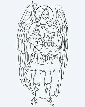 Protector Archangel Michael in armor with sword. Vector illustration. Outline ha Ilustración de archivo