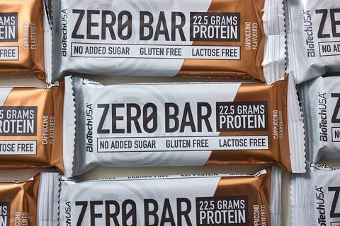 Protein bars Biotech Zero Bar close up Stock Photos