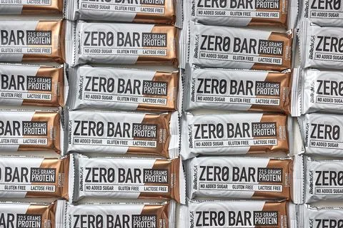 Protein bars Biotech Zero Bar many layed out Stock Photos