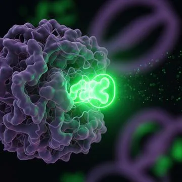 Protein Enzyme binding substrate glowing neon green, 8K Stock Illustration