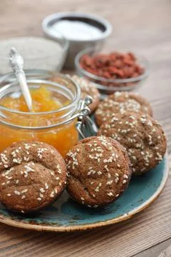 Protein muffin  with jam Stock Photos