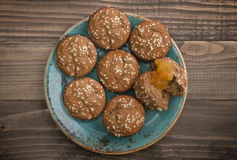 Protein muffin  with jam Stock Photos
