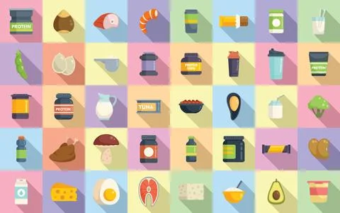 Protein nutrient icons set flat vector. Fat fiber Stock Illustration