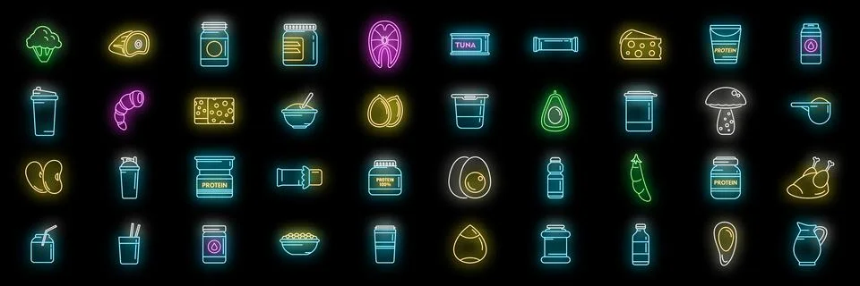 Protein nutrient icons set vector neon Stock Illustration