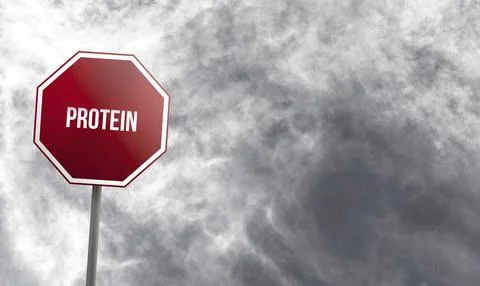 Protein, red sign with clouds in background Illustrazione stock