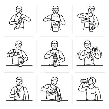 Protein shake preparation and consumption illustration set, man making and .. Ilustração Stock