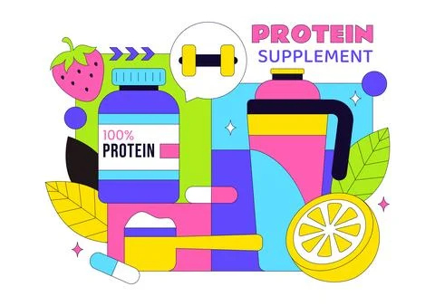 Protein Supplements Vector Illustration Featuring Healthy Food, Protein Pow.. Illustrazione stock