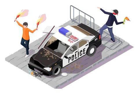 Protest action against the police, vector isometric illustration. Violent public Stock Illustration