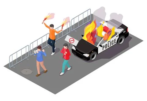 Protest action, vector isometric illustration. Violent public disturbance, civil Stock Illustration