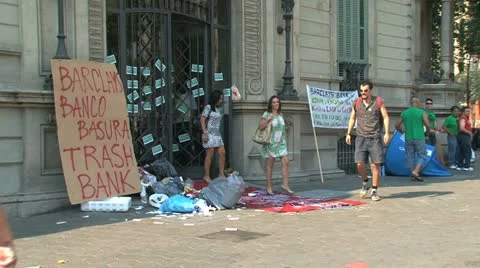 Protest agains barclays bank, Barcelona, Spain Stock Footage
