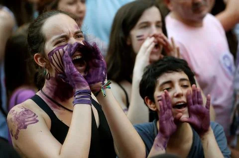 Protest against court decision on La Manada sexual violence case, Madrid, Spain  Stock Photos