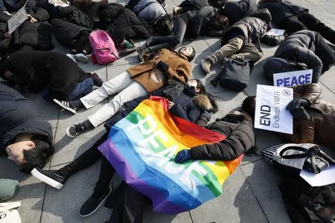 Protest against prospect of war between USA and Iran, in Seoul, Korea - 10 Jan 2 Stock Photos