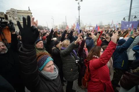 Protest against the recent amendments to the Hungarian labour code, dubbed slave Stock Photos
