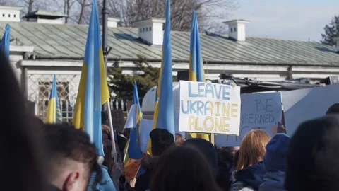 Protest Against Russian War Invasion In Ukraine, Flag, Leave Ukraine Alone Stock Footage 171107637