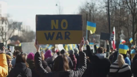 Protest Against Russian War Invasion In Ukraine, Flag, Protesters, No War Poster Stock Footage