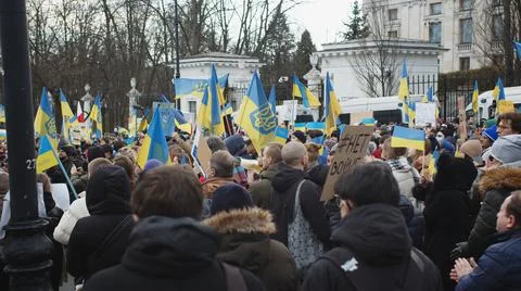 Protest Against The Russian War Invasion In Ukraine. Ukrainian Flag, Protesters Stock Photos