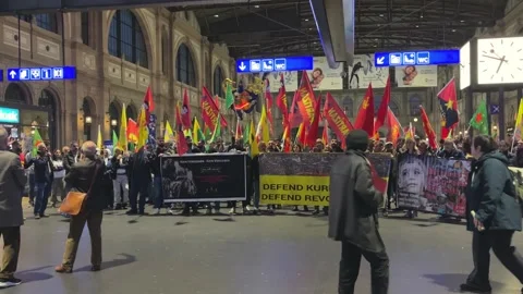 Protest against Turkish attacks on Rojava, Syria in Zurich, Switzerland 102424 Stock Footage 289341111