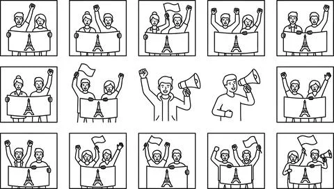 Protest and cheering people with banners set featuring eiffel tower icon. Ilustración de archivo
