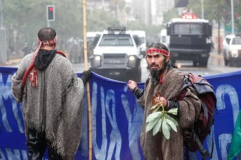 Protest for the autonomy and resistance of the Mapuche people in Santiago, Chile Stock Photos