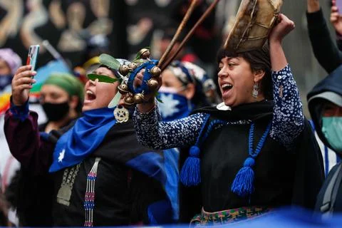 Protest for the autonomy and resistance of the Mapuche people in Santiago, Chile Stock Photos