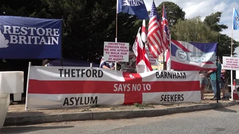 Protest banners at the RAF Barnham protest. Barnham, Suffolk, UK. 23.08.26 Stock Footage 346450410