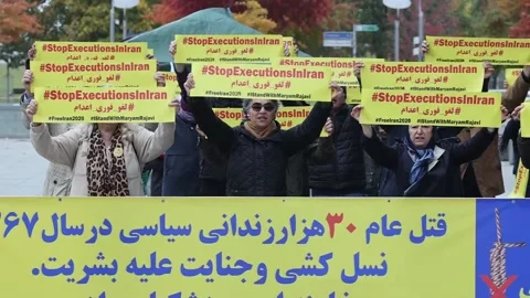 Protest in Berlin to demand an end to the death penalty in Iran, Berlín, DE - 10 Stock Footage 318734400