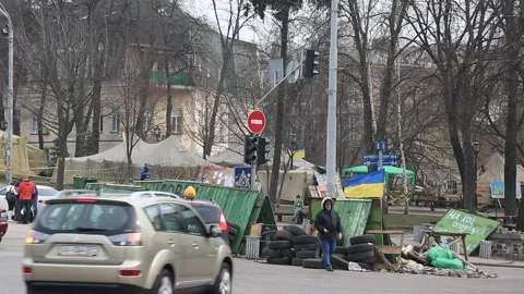 Protest camp in front of St. Michael's Golden-Domed Monastery Stock Footage 203869435