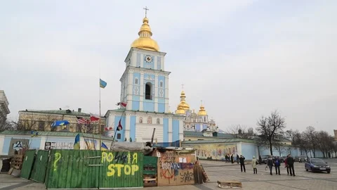 Protest Camp in Front of St. Michael's Golden-Domed Monastery Stock Footage 203869807