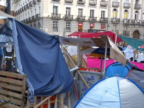 Protest camp at Puerta del Sol in Madrid. 15-M Stock Photos