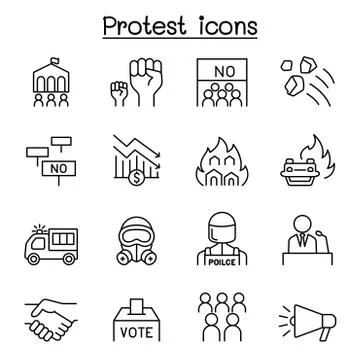 Protest &amp; chaos icon set in thin line style Illustrazione stock