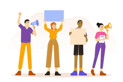 Protest concept. Group of male and female protesters or activists. Demonstrat Stock-Illustration