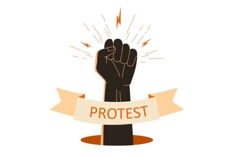Protest concept. Raised fist with protest text on arch gold ribbon or banner. Stock Illustration