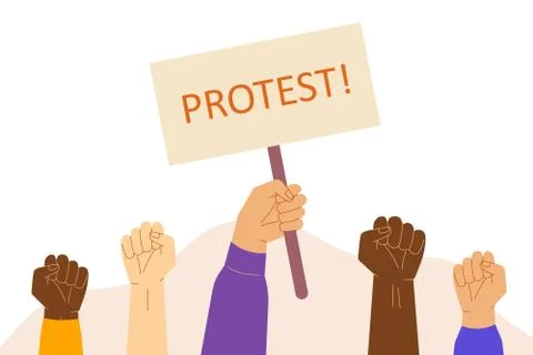 Protest concept. Raised fists holding banner with protest text. Demonstration Illustrazione stock