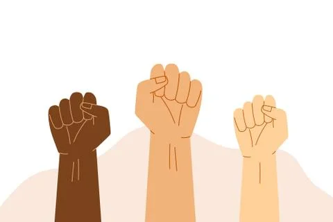 Protest concept. Raised fists of multicultural people. Group of protesters or Stock Illustration