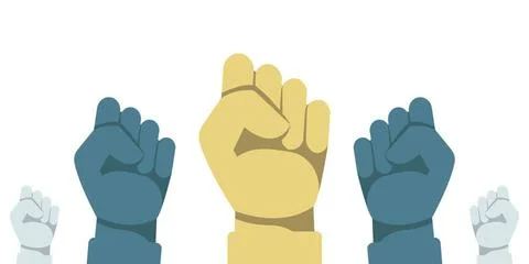  Protest concept. Vector illustration of raised human hands with clenched ... Stockfoto's