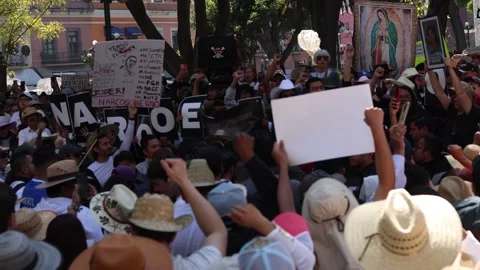 Protest Crowd With Religious Images and Placards in Puebla Zocalo Stock Footage 341903032