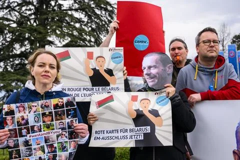 Protest to exclude Belarus from the next 2024 UEFA European Football Championshi Stock Photos