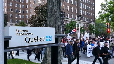 Protest facing in front of a Quebec establishment Stock Footage 92441045