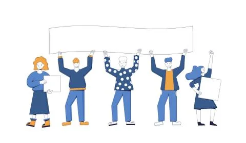 Protest. Five activists holding placards. Persons standing together with blan Stock Illustration