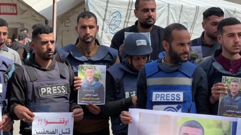 Protest in Gaza over the death of two journalists in Israeli attack, Gaza, PS -  Stock Footage 304980939