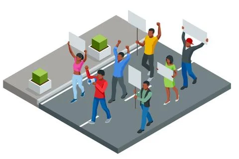 Protest Isometric People with placard and megaphones on demonstration Stock Illustration