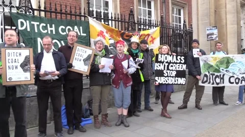 Protest outside Drax AGM in York - GVs and INT Stock Footage 148676783